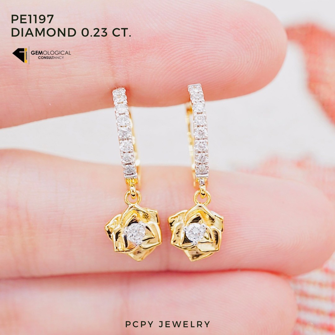 [Pcpy Jewelry] Genuine Diamond Hoop Earrings 💎 9K Genuine Gold (37.5% Gold) 100% Genuine Diamonds, Belgian Cut [9Kpe1197] ราคา 24,990 บาท*ส่งฟรี