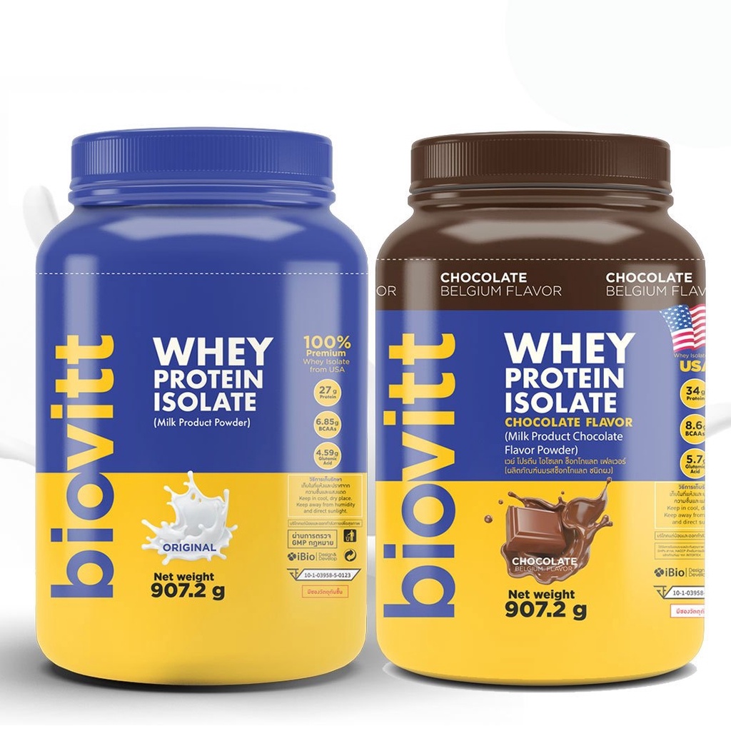 ส่งฟรี จืด 1 กป + ช๊อก 1 กป เซ็ต 2 กระปุก] Biovitt Whey Protein Isolate เวย์โปรตีน ไอโซเลท สูตรลีนไขมัน เสริมมวลกล้ามเนื้อ ขนาด 907.2G ราคา 4,900 บาท*ส่งฟรี