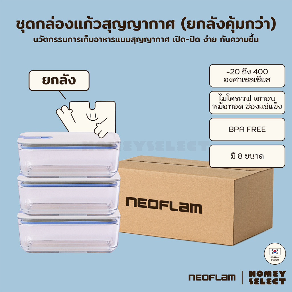 [ยกลัง] Neoflam Perfect Seal กล่องแก้วสุญญากาศ โมดูล่า VACUUM BOROSILICATE GLASS เข้าไมโครเวฟ เตาอบได้ทนความร้อนสูง ราคา 2,169 บาท*ส่งฟรี