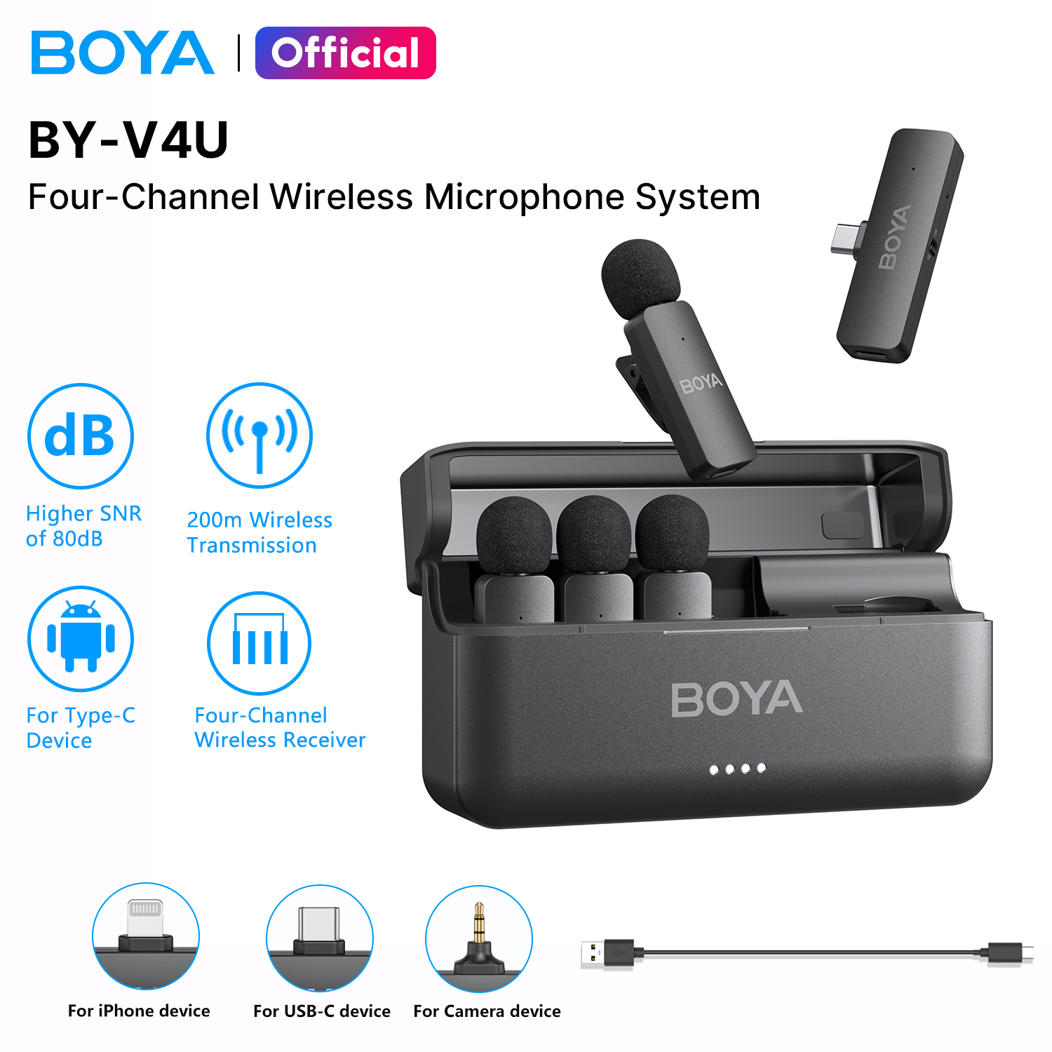 BOYA BY-V4U 4-Channel Wireless Microphone Mini Mic with Charging Case Noise Cancelling Lavalier Lapel Microphone for Vlogging Recording Android iPhone DSLR Camera iPad iPhone 15 Laptop TikTok YouTube ราคา 3,816 บาท*ส่งฟรี
