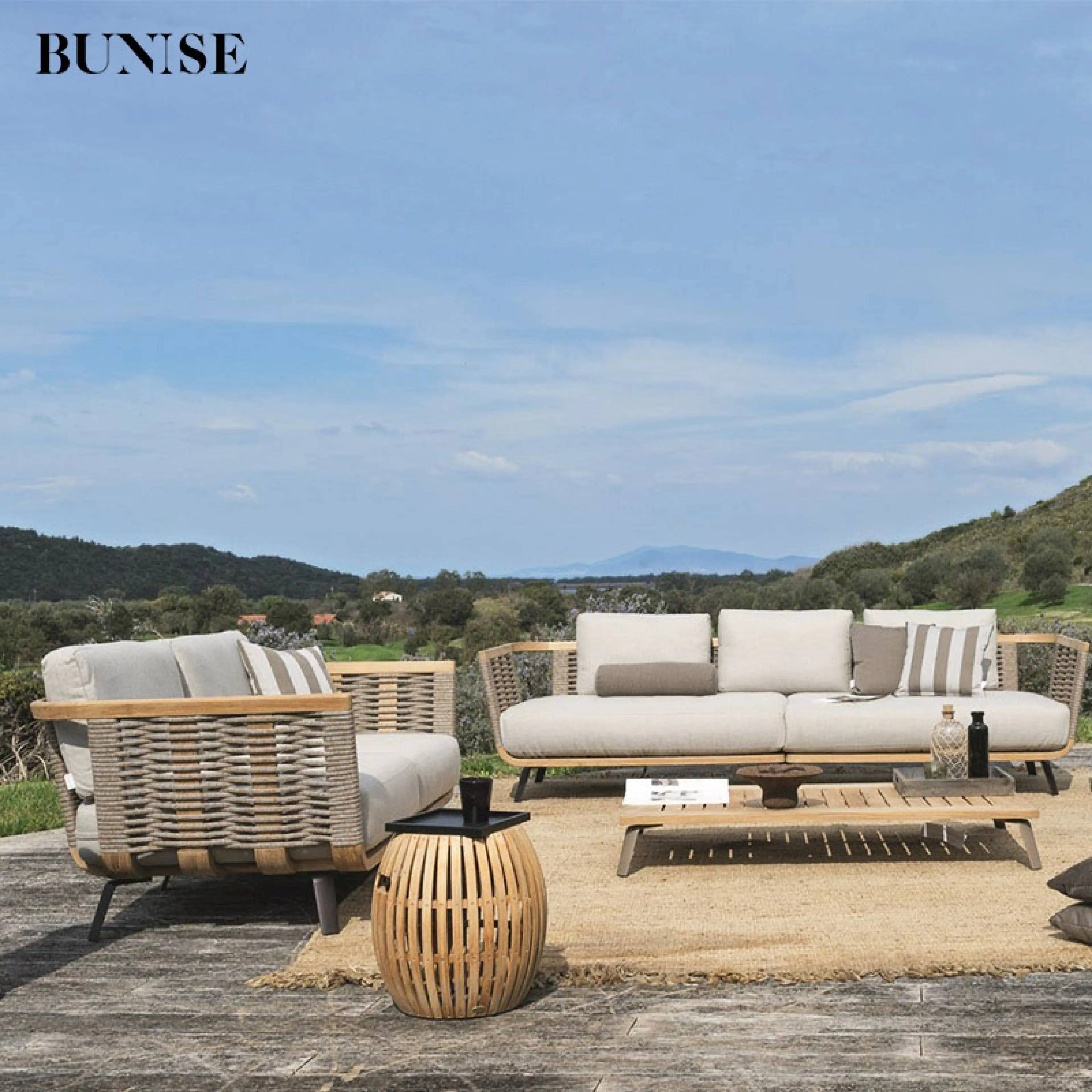 BUNISE Outdoor Teak Sofa P41 - Luxury Rattan Lounge Chair for Villas, Gardens, Hotels, and Balconies