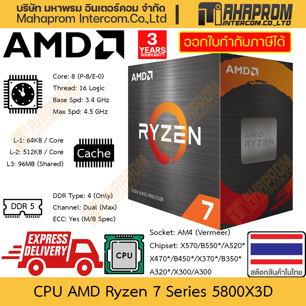 CPU AMD Ryzen 7 5800X3D AM4 (Vermeer) | 8 Cores 16 Threads | Clock 3.4 - 4.5 GHz Warranty Product ราคา 15,490 บาท*ส่งฟรี