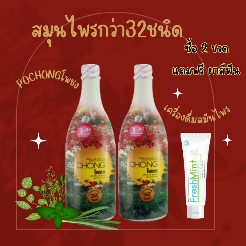 เครื่องดื่มสมุนไพร โพชง Pochong เครื่องดื่มบำรุงสุขภาพ (2 ขวด แถมฟรี ยาสีฟัน) ราคา 2,300 บาท*ส่งฟรี