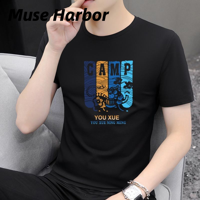 Muse Harbor เสื้อยืดคอกลมแขนสั้นผู้ชายไซส์ใหญ่ลำลองพิมพ์ลายแขนสั้นทรงหลวมระบายอากาศ - ยี่ห้อ Muse Harbor ราคา 45 บาท*ส่งฟรี