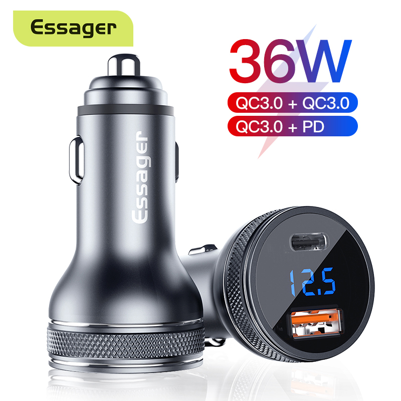 Essager 36W Mini USB Car Charger Quick Charge 3.0 Fast Charging For iPhone Huawei Type C PD 3.0 Mobile Phone Charger ราคา 159 บาท*ส่งฟรี