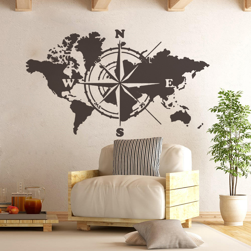 vHuge Compass World Map Travel Wall Sticker Classroom Office Atlas Of The World Adventure Wall Decal Bedroom Vinyl Decor (2)