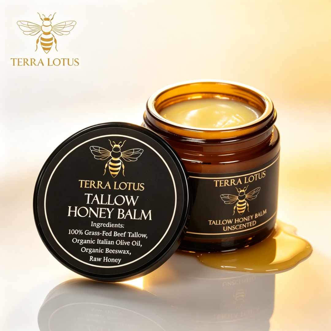 Terra Lotus Skin Care Cream, Trat Lotus, Organic Grass-Fed Cow's Tallow Balm, Raw Honey, Italian Olive, Organic Beeswax, 2oz, Concentrated Balm Texture, Absorbs Quickly, Nourishes Dry, Rough, and Dehydrated Skin, Provides Deep Hydration. Can Be Used Every