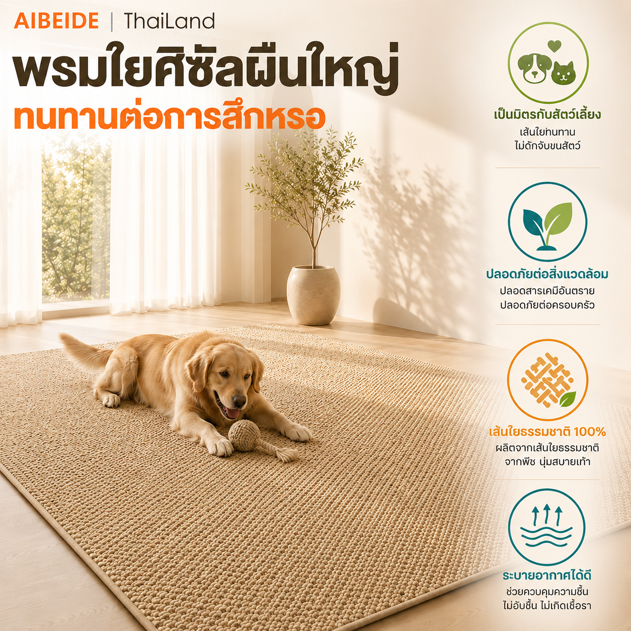 Aibe Pet Sisal Prevents Scratches – Natural Fiber Carpet, Non-Slip, Durable, Breathable, and Easy to Clean. Suitable for Cats and Dogs. ราคา 820 บาท*ส่งฟรี