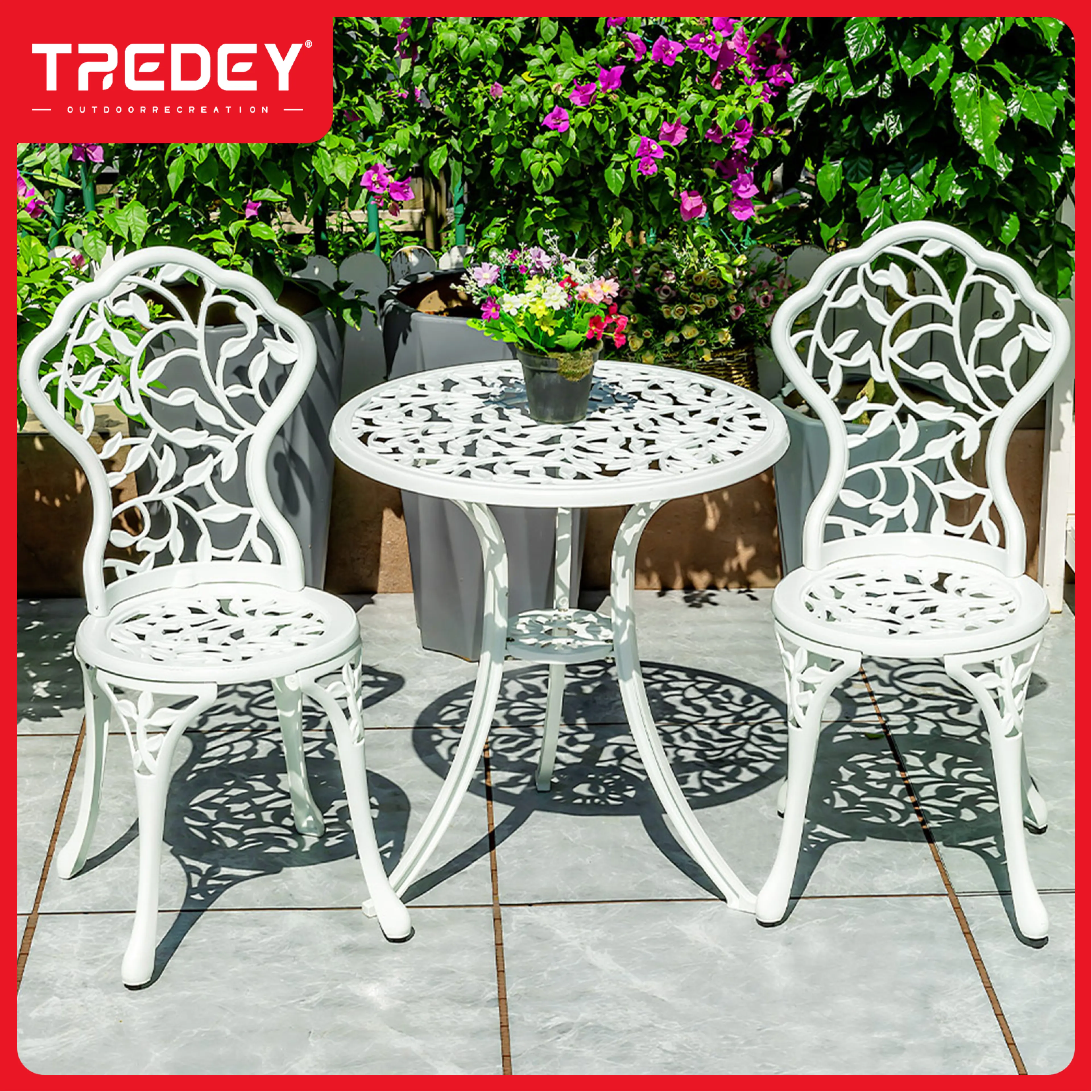 Tredey Outdoor Furniture Cast Aluminum Furniture, 60 cm Diameter Round Table and 2 Chairs for Balcony, Patio