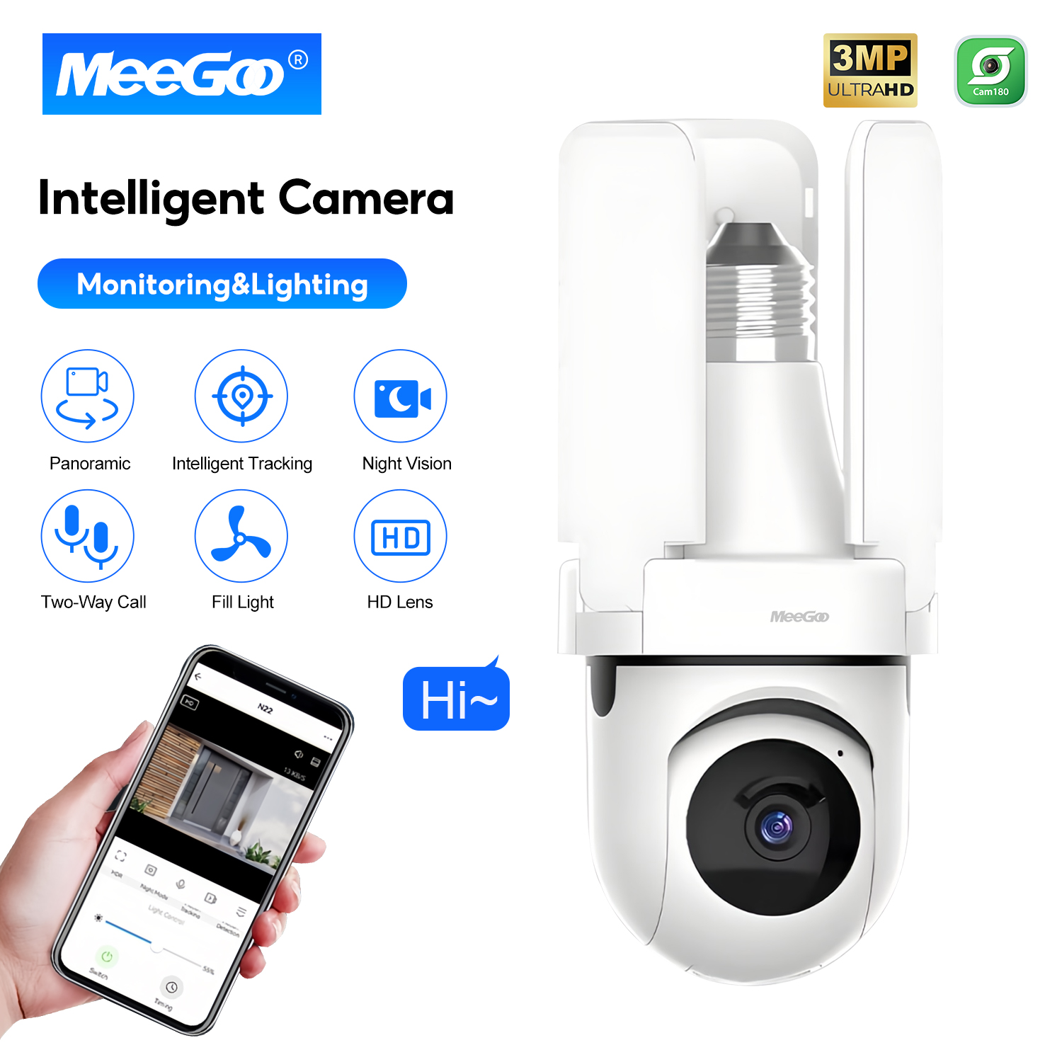 Meegoo Cctv Camera, E27 Light Bulb, 3Mp Pixels, Wifi Connection 2.4g + Ap Hotspot, Infrared Night Vision 10 Meters, Two-Way Talk, Remote Monitoring, Supports Cam180. ราคา 499 บาท*ส่งฟรี