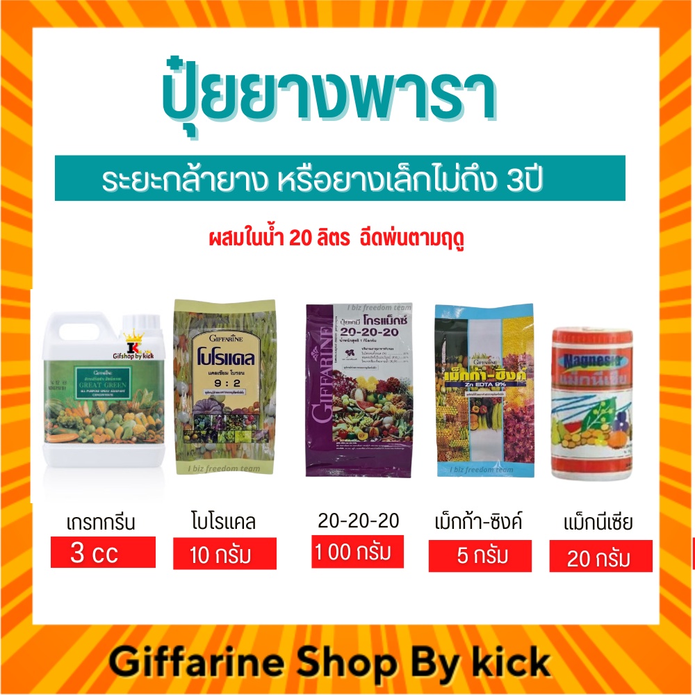 [ส่งฟรี] กิฟฟารีน ปุ๋ยยางพารา ปุ๋ยทางใบ ระยะกล้ายาง ยางเล็กยังไม่ถึง 3ปี น้ำยางเข้มข้น เปอร์เซนต์ยางสูง หน้ายางนิ่ม Giffarine ราคา 1,950 บาท*ส่งฟรี