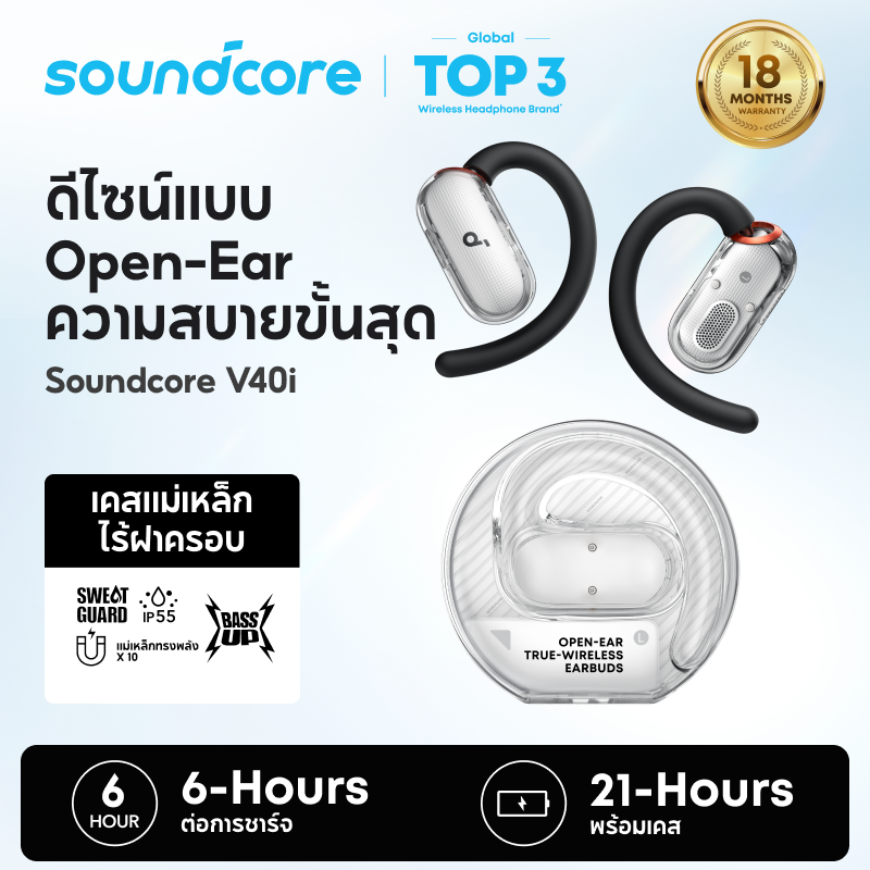 Soundcore V40I by Anker Open-Ear Headphones, Clear Design, Case Without Cover, 4 Adjustable Positions for All Ear Sizes, Powerful Bass, Ip55, 21H Playtime, Clear Ai Calls, Bluetooth 5.4