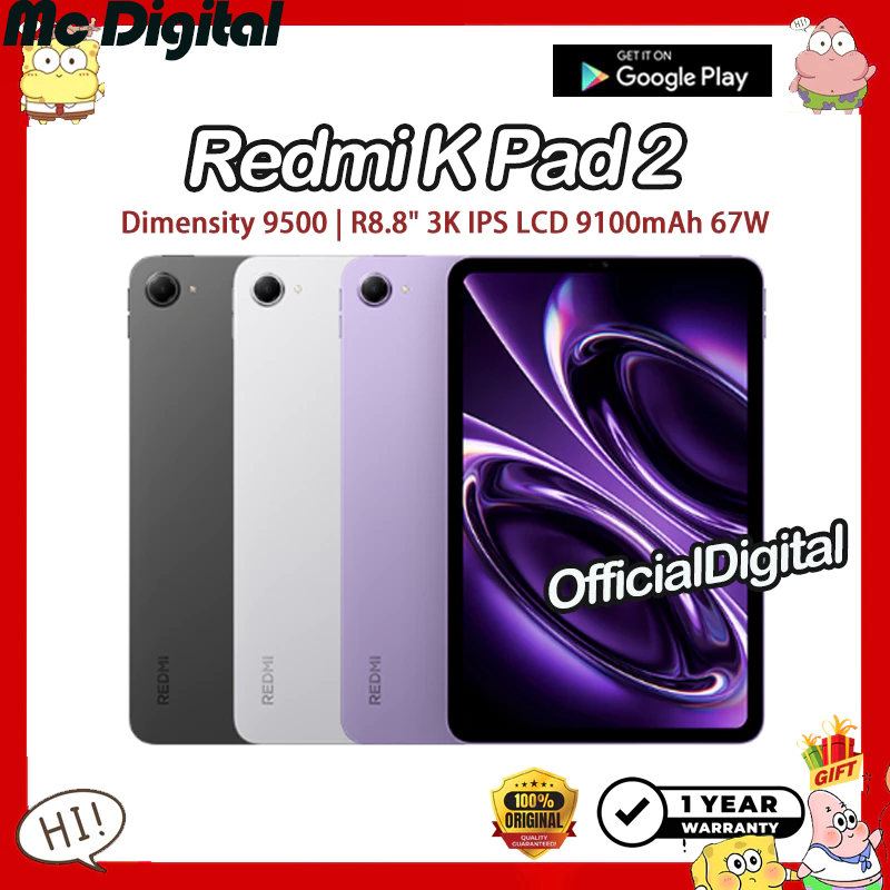 แท็บเล็ต Tablet Xiaomi Cn Rom Redmi K Pad 2 Dimensity 9500 8.8" 3K Ips Lcd 9100Mah 67W Redmi K Pad2 รองรับ Google & ไม่มีภาษาไทย ราคา 22,499 บาท*ส่งฟรี