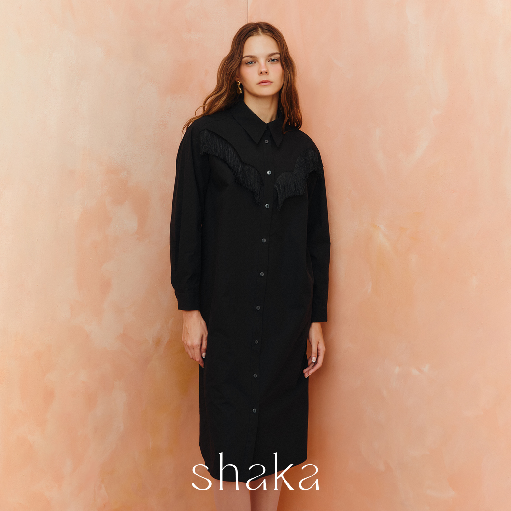 Shaka Aw25 Shirt Dress with Fringe Details, Long Sleeve Shirt Dress, Classic Collar, Knee Length Ds-8251013 (Black) ราคา 3,465 บาท*ส่งฟรี