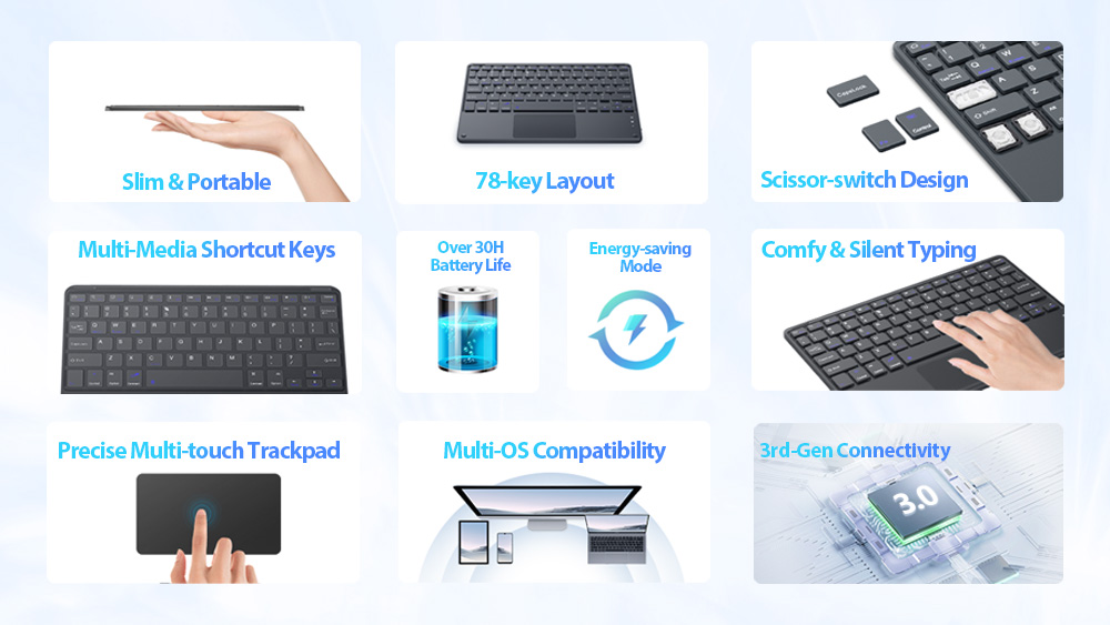 มุมมองเพิ่มเติมเกี่ยวกับ Blackview K1 Ultra-slim BV Universal Wireless Keyboard ปุ่มแป้นเป็นภาษาอังกฤษ คีย์บอร์ด คีย์บอร์ดไร้สาย แป้นพิมพ์