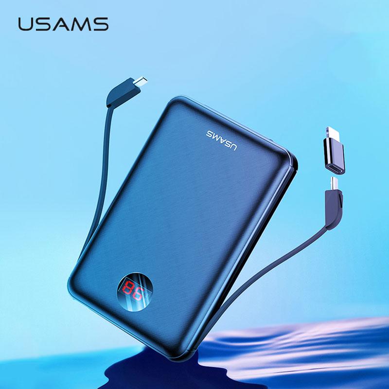USAMS พาวเวอร์แบงค์ ชาร์จเร็ว LED มินิ Power Bank แบตเตอรี่ภายนอก Poverbank ชาร์จ Pover ธนาคารด้วยสาย USB สำหรับ xiaomi mi Phone