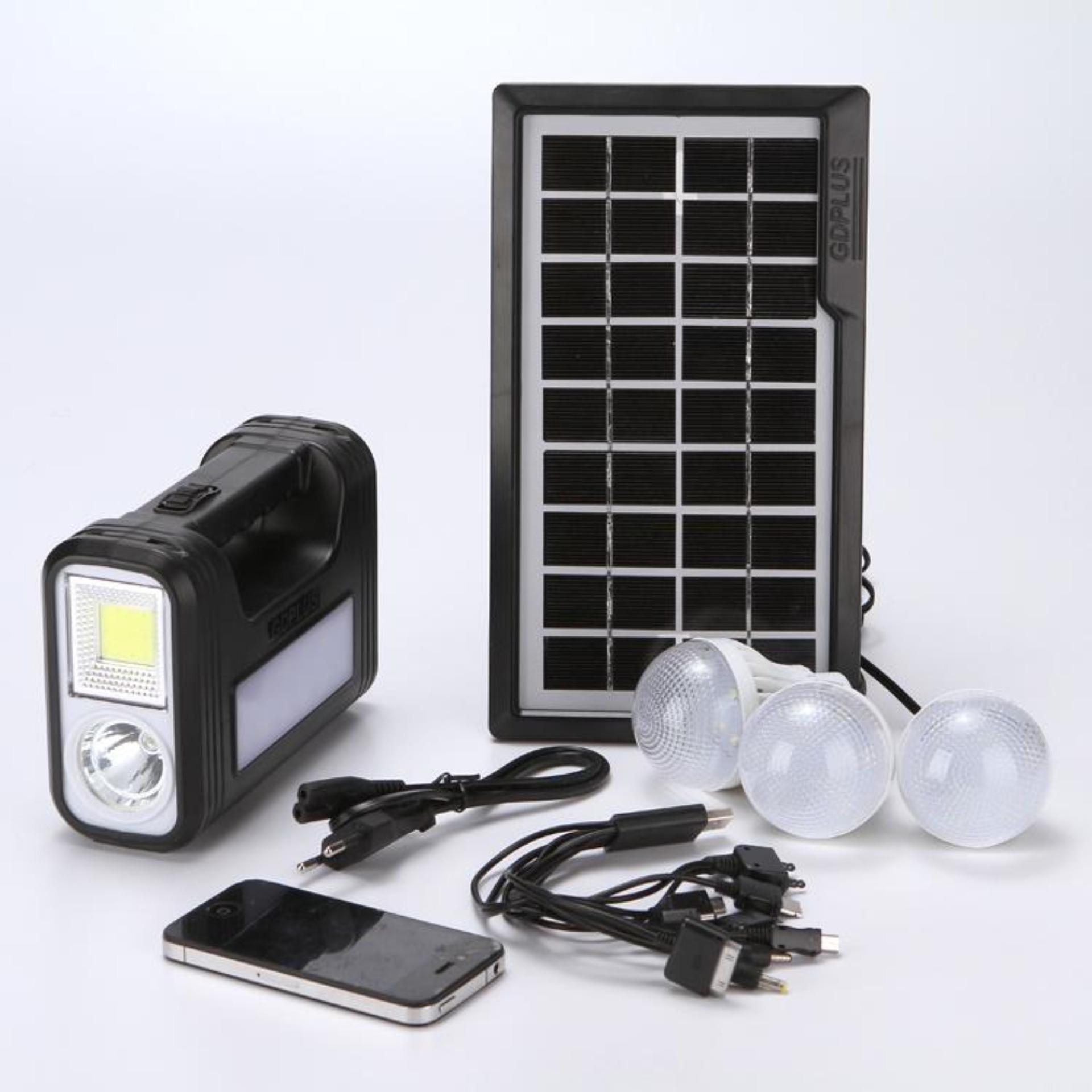 SOLAR LIGHTING SYSTEM GDPLUS รุ่น GD-8017/GD-7 ชาร์จไฟด้วยไฟบ้าน/USB หรือพลังงานแสงอาทิตย์ ผ่านแผงโซลาร์เซลล์ เข้าตัวเก็บไฟ สามารถนำไฟไปใฃ้ชาร์จอุปกรณ์มือถือหรือใช้ร่วมกับหลอดไฟให้ความสว่างได้พร้อมกัน  4 ดวง นาน  12-15 ชม
