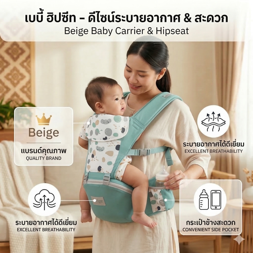 Beige เป้อุ้มเด็ก เป้อุ้มเด็กฝ้าย เป้อุ้มเด็กระบายอากาศ 3-in-1 กระเป๋าอุ้มเด็ก กระเป๋าอุ้มลูกสินค้า กันแดด กันลม การจัดเก็บที่ดี พกพาสะดวก 0-36M