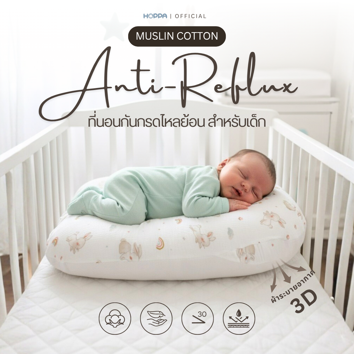 Hoppa Mattress Protector Against Acid Reflux, Muslin Cotton Fabric, Mattress Protector Against Vomiting. Anti-Acid Reflux Pillow, Waterproof, with Cover, Removable and Washable. ราคา 990 บาท*ส่งฟรี