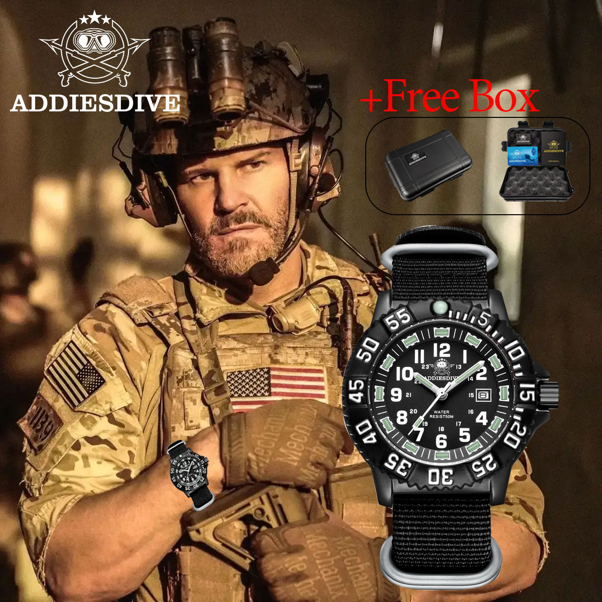 Addiesdive Men's Watches Analog Quartz Watch, Fashion, Sport, Military, Waterproof 50 Meters, Luminous, Strong Nylon Strap, with Gift Box, Wear to Work, Wear Every Day. ราคา 880 บาท*ส่งฟรี