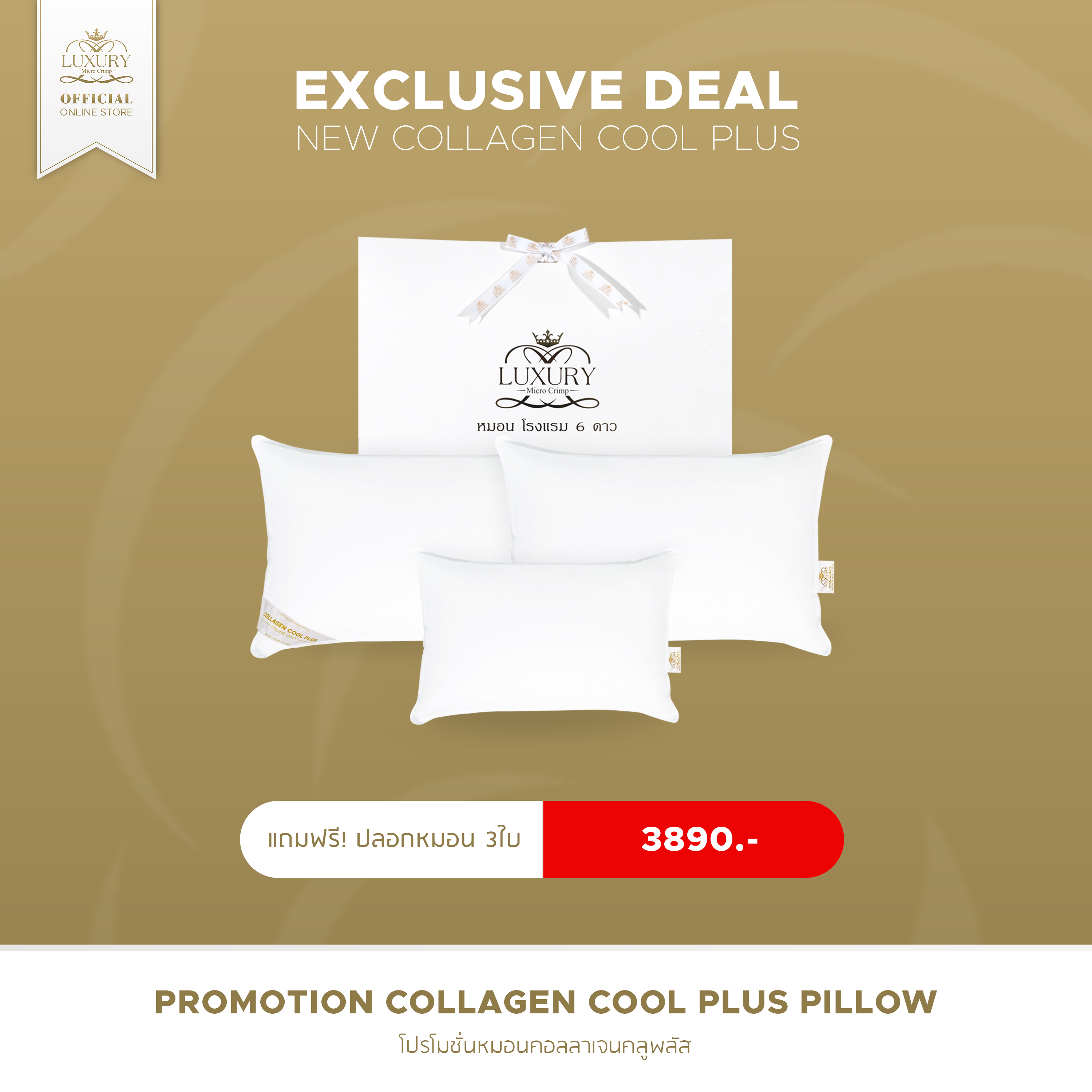 Luxury Pillow เซ็ตหมอนคอลลาเจน คูล พลัส COLLAGEN COOL PLUS SET - แถมฟรี! ปลอกหมอน 3 ใบ ราคา 3,890 บาท*ส่งฟรี