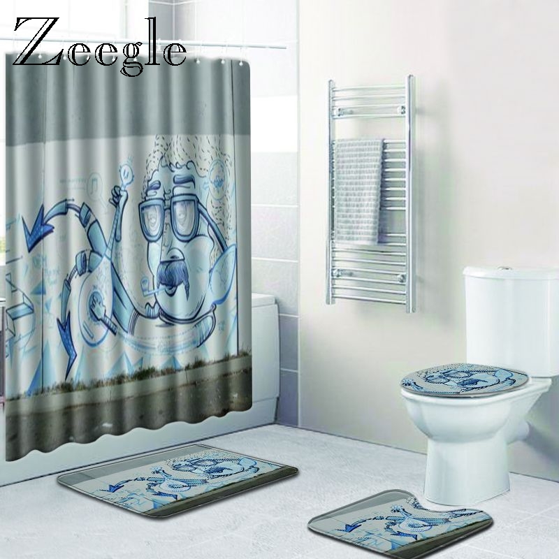 Zeegle Cartoon Bath Mat Set Waterproof Toilet Shower Curtain Toilet U Type Mat Pedestal Rug Absorption Soft Foot Mat Floor Rug