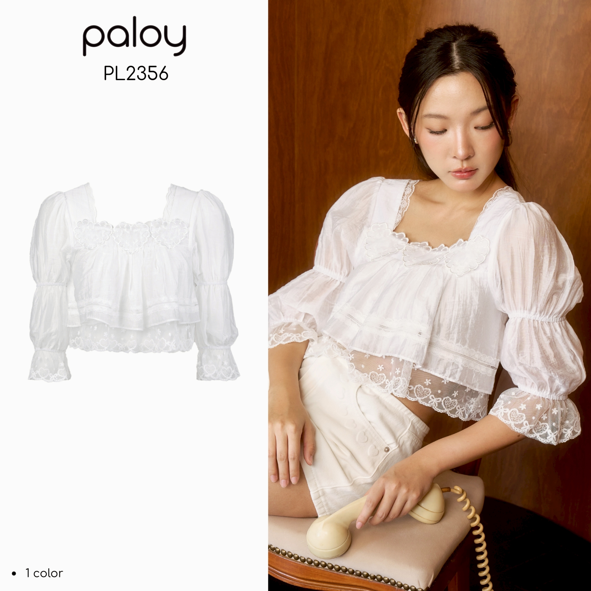 Paloy - Pl2356 Triple Heart Crop Top, Cropped Shirt with Puffed Sleeves. Decorated with Lace Hearts ราคา 690 บาท*ส่งฟรี