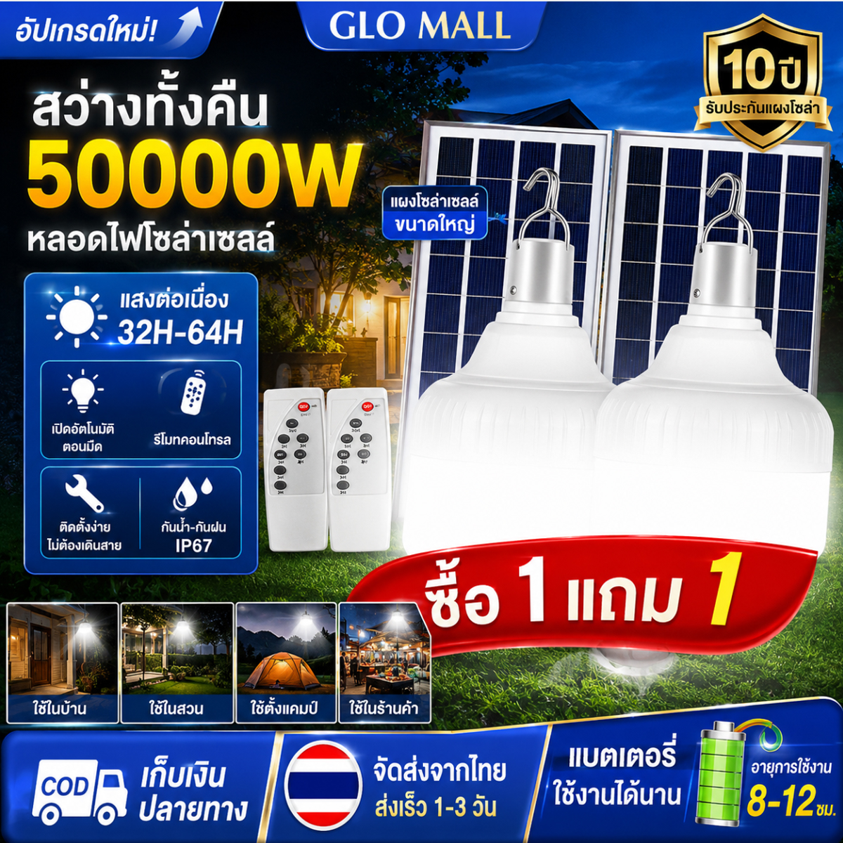 Buy 1 Get 1 Free, 30 Year Warranty, 50000W Solar Cell Light Bulb, Solar Cell Light, Solar Light, 0 Electricity Cost, Automatically Turns on at Night. ราคา 129 บาท*ส่งฟรี