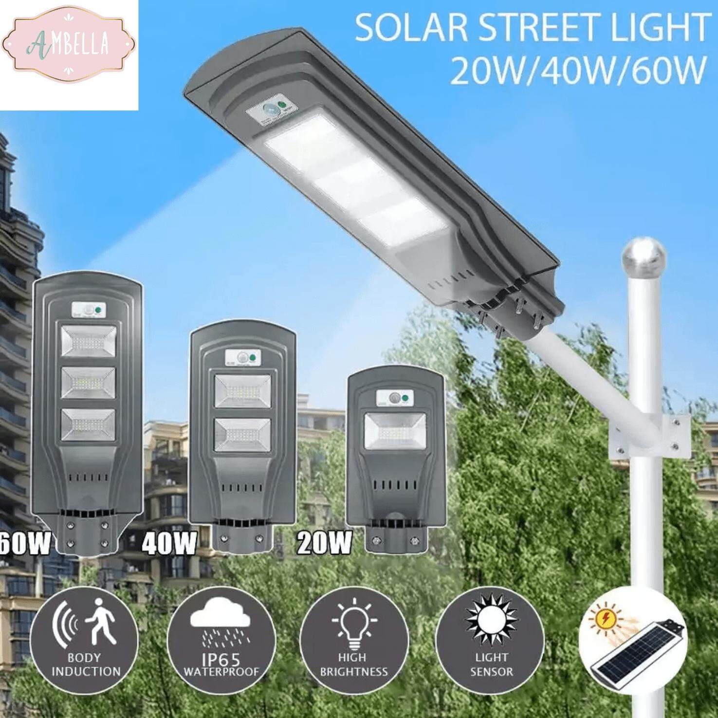 AMBELLA โคมไฟถนน solar cell (แสงสีขาว) 20w 40w 60w Solar LED Outdoor Sensor Lamp Wall Street Light โคมไฟพลังงานแสงอาทิตย์ โคมไฟติดผนังกลางแจ้งไฟถนน PIR เซ็นเซอร์ตรวจจับการเคลื่อนไหว ไฟโซล่าเซลล์ โคมไฟโซล่า ไฟโซล่าร์เซลล์ Solar LED พร้อมขายึดเสา