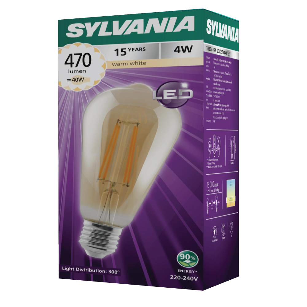 Sylvania Vintage Light Bulb Filament Edison Style Filament Model Toledo Fira Gold St64 4W E27 Warm White Light (Gold Glass) 2700K ราคา 354 บาท*ส่งฟรี