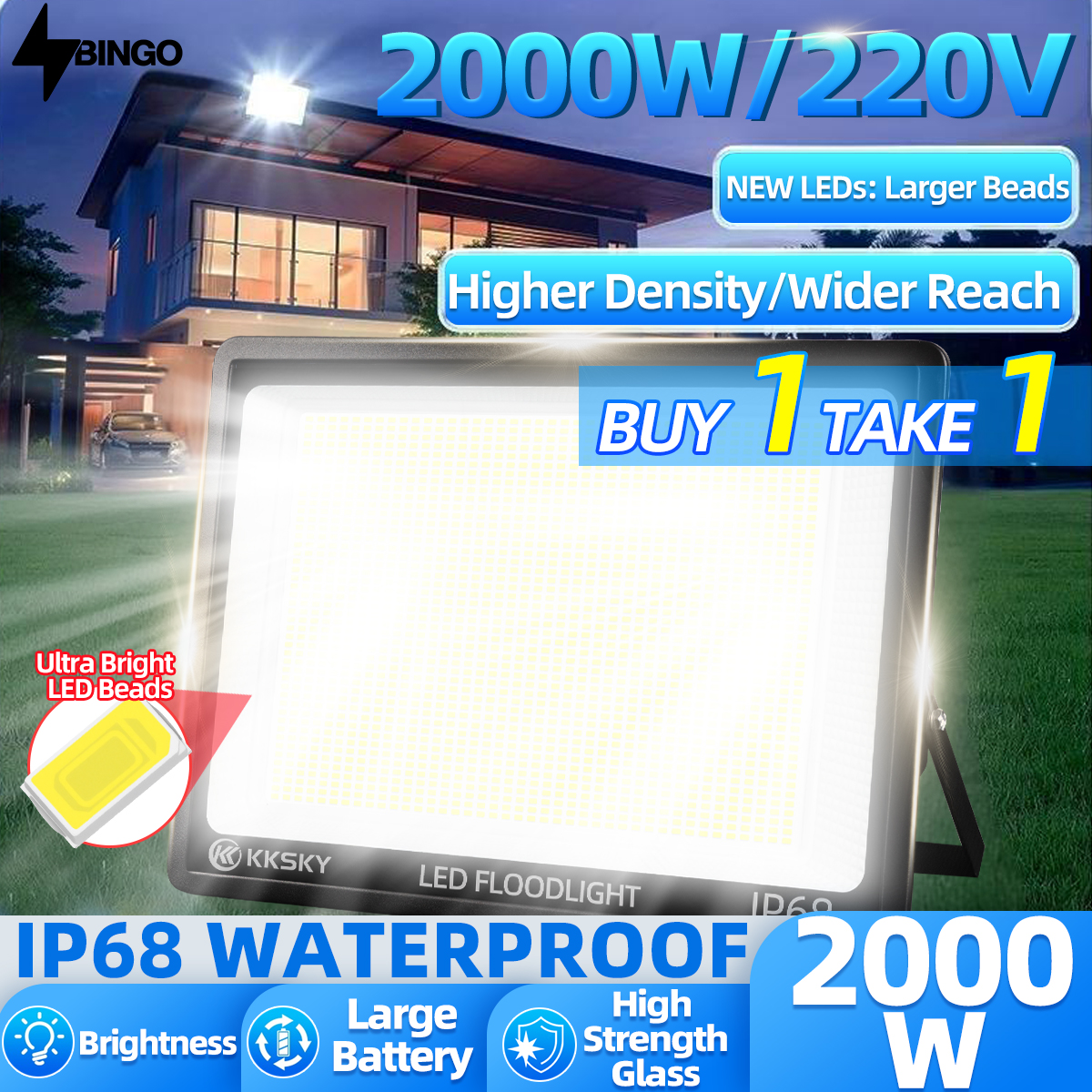 Bingo Spotlight, Bright Light, Spotlight Led 2000W 2835Led Ac 220V (Uses 220V Household Electricity) White Light Ip68 ราคา 199 บาท*ส่งฟรี