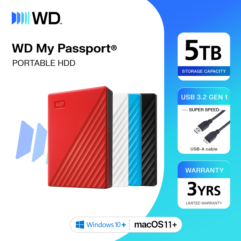 Western Digital Hdd 5 Tb External Harddisk, Portable Hard Disk, My Passport Model, Capacity 5 Tb, USB 3.2 Gen 1 ราคา 7,691 บาท*ส่งฟรี