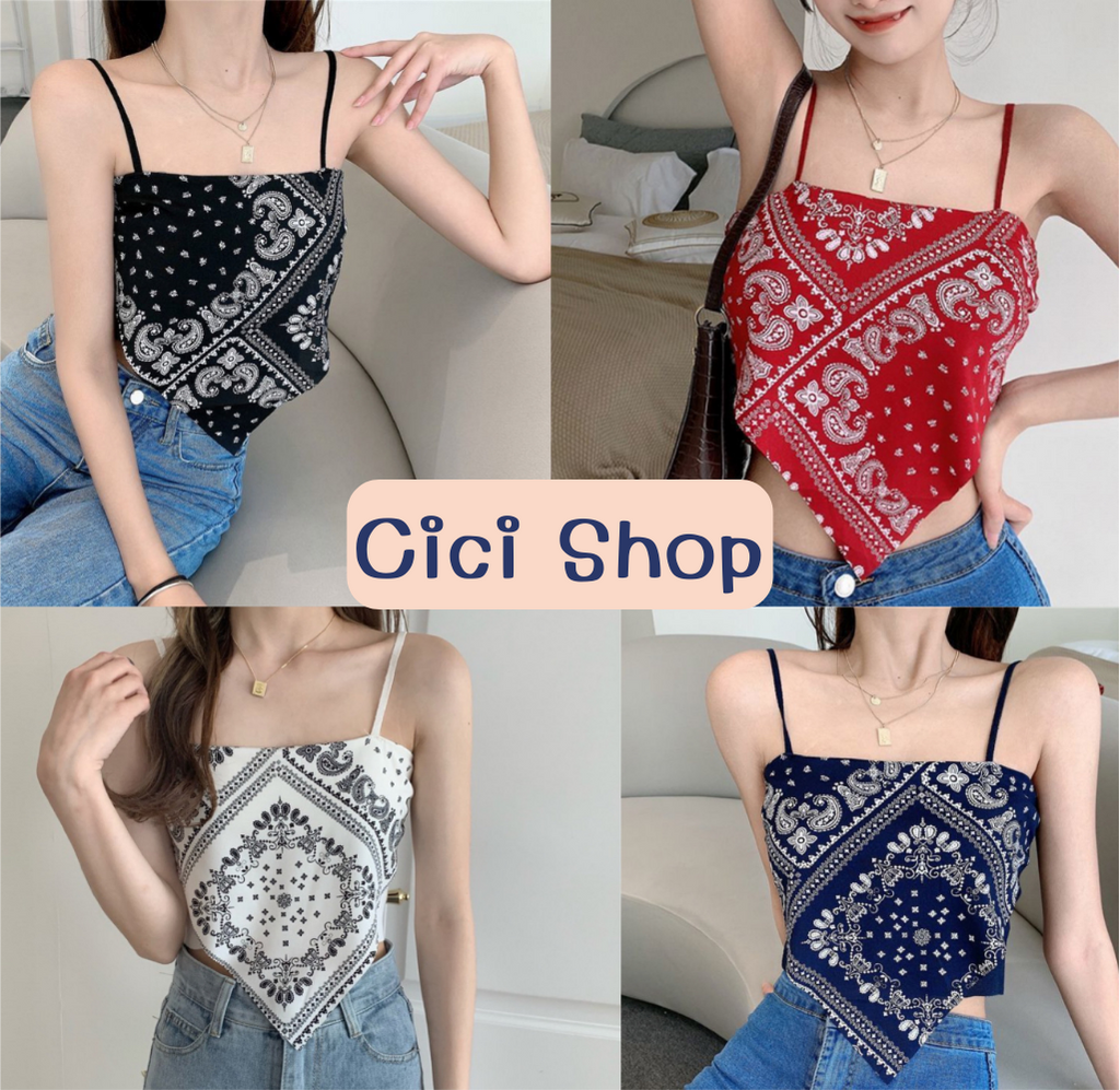 Cici(32036)เสื้อสายเดี่ยวด้านในเป็นเกาะอกผ้าไหมพรม ดีเทลพิมพ์ลายกราฟฟิกทรงปังมาก ราคา 56 บาท*ส่งฟรี