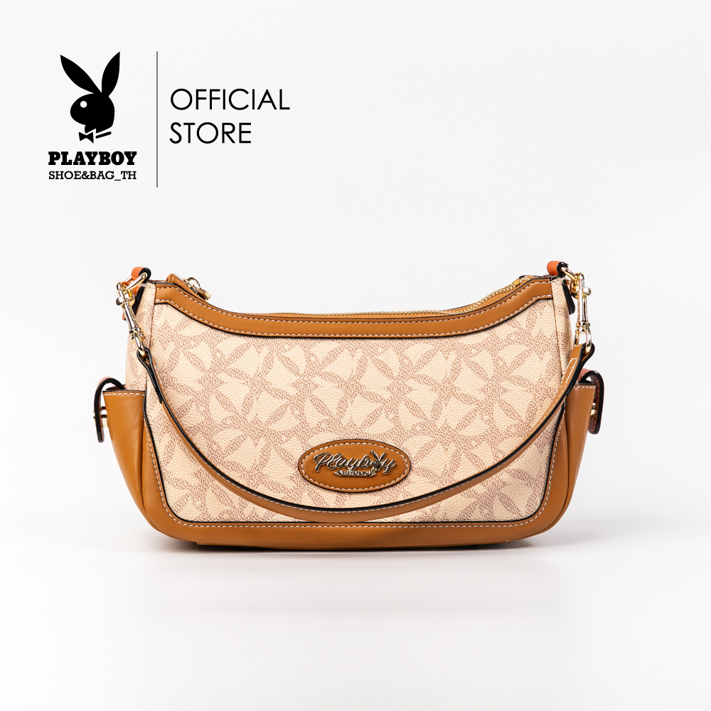 Playboy ST-B233PB526 women's messenger bag with shiny circle design, logo 2 colors, brown and white ราคา 1,390 บาท*ส่งฟรี