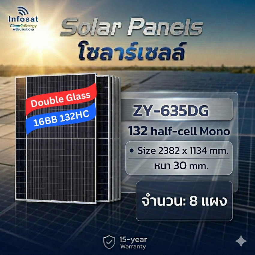 อุปกรณ์แต่งสวนและกลางแจ้ง infosat แผงโซลาร์เซลล์ 635W Double Glass N-Type Topcon 16Bb รุ่น Zy-635Dg (8 แผง) ราคา 40,000 บาท*ส่งฟรี