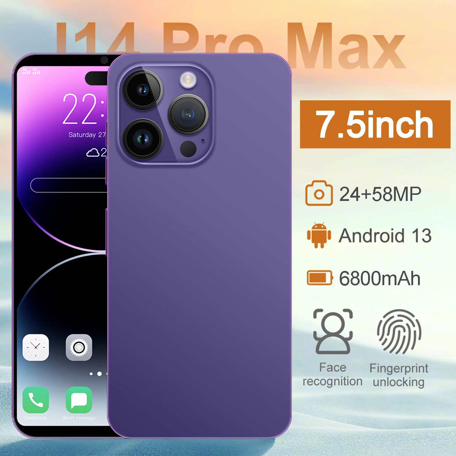 I 14 promax โทรศัพท์มือถือหน่วยความจำขนาดใหญ่ 7.5 นิ้ว 16+512GB ซิมการ์ดคู่ กล้อง HD 24+58MP pin6800mAh แบตเตอรี่สมาร์ทโฟนราคาถูก ราคา  699 บาท*ส่งฟรี