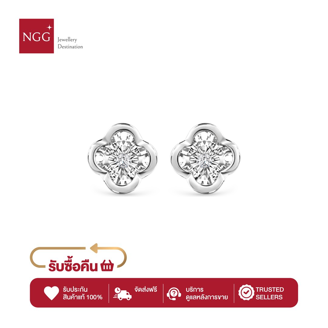 Ngg Dazzling Diamond Success Clover 18K White Gold Success Clover Earring - Genuine Diamond Earrings (with Warranty Certificate) ราคา 19,900 บาท*ส่งฟรี