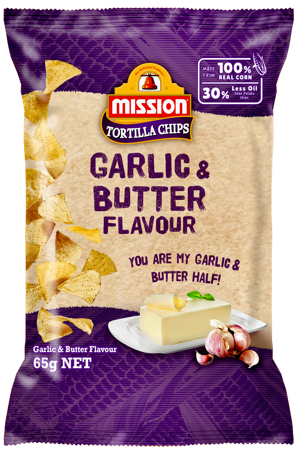 Mission Tortilla Chips Garlic & Butter Flavoured 65g ขนมข้าวโพดทอดกรอบรสเนยกระเทียม ขนาด 65 กรัม (0632) ราคา 39 บาท*ส่งฟรี