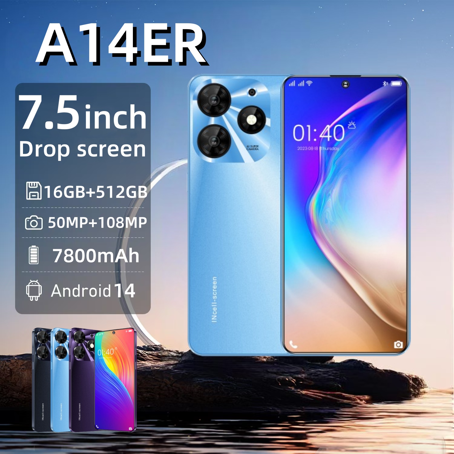 สมาร์ทโฟน A14ER หน้าจอ 7.5 นิ้ว RAM 16GB + ROM 512GB กล้อง HD 50MP + 108MP มือถือเพื่อความบันเทิง แบตอึด โปรโมชั่นราคาถูก รองรับ 2 ซิม (COD) ราคา 699 บาท*ส่งฟรี
