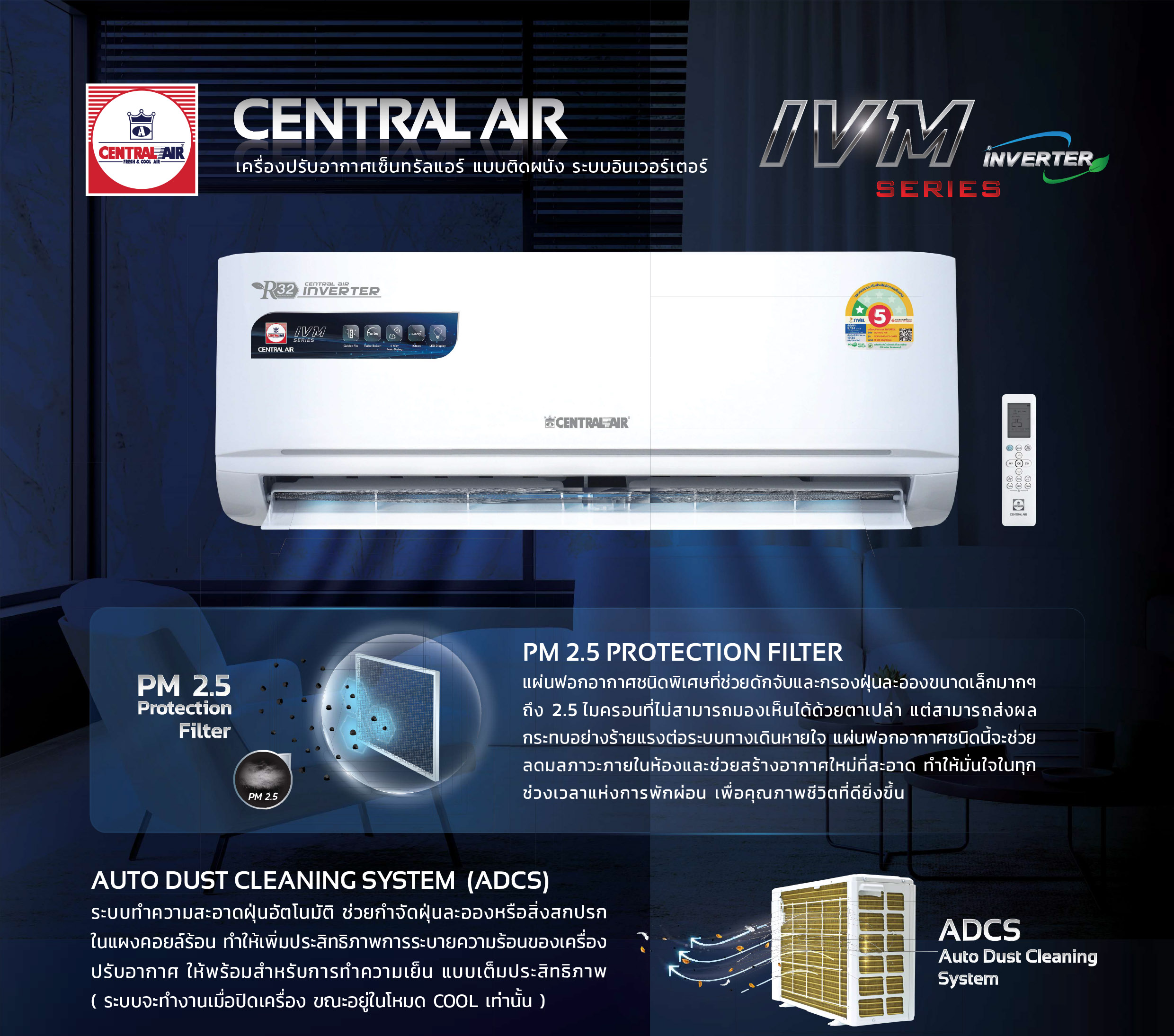Central Air Model Ivm Series Inverter Wall-Mounted Air Conditioner ราคา 8,990 บาท*ส่งฟรี