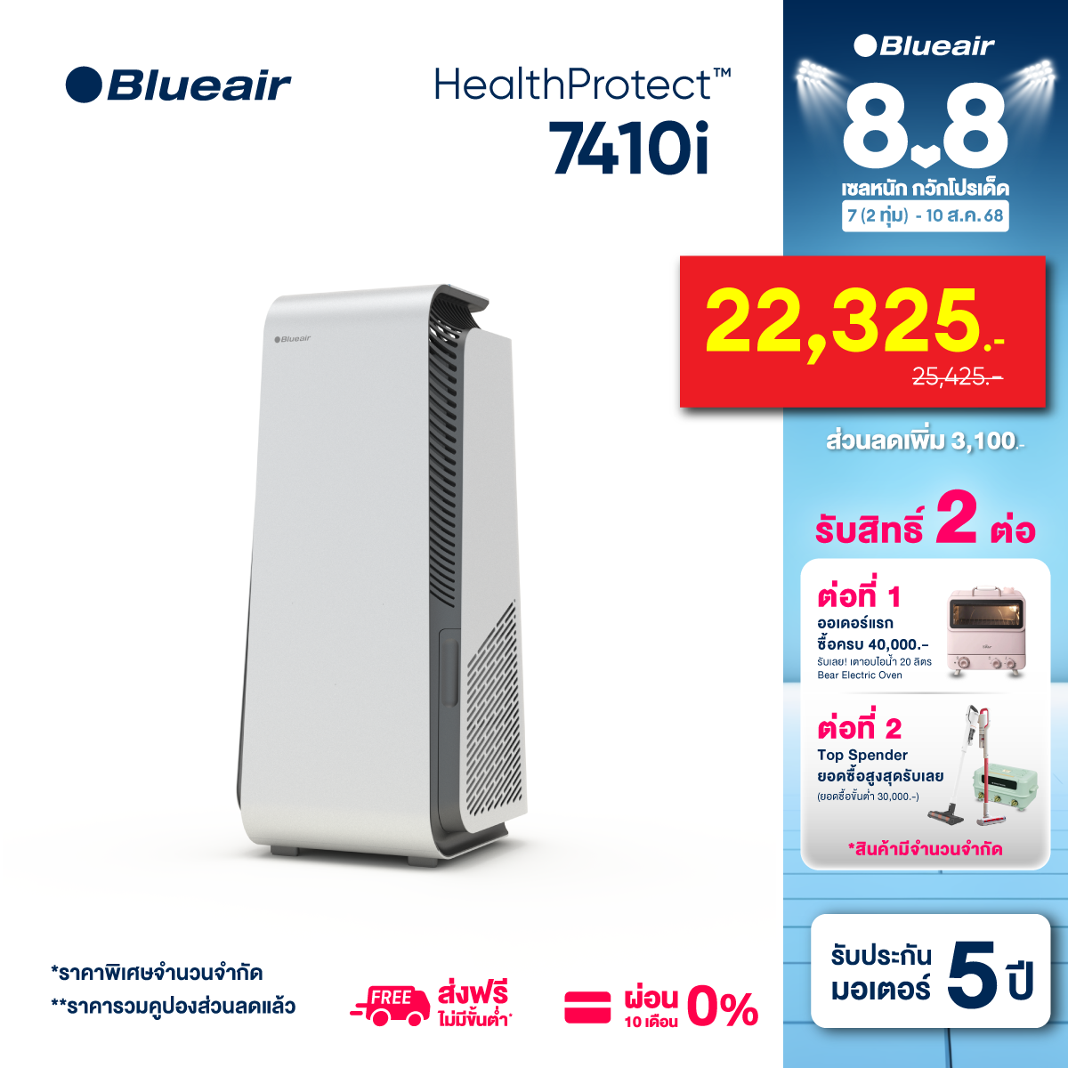 Blueair เครื่องฟอกอากาศ HealthProtect รุ่น 7410i กรองอากาศ กรองฝุ่น PM2.5 กรองแบคทีเรีย และไวรัส สำหรับขนาดพื้นที่ 38 - 63 ตร.ม. ราคา 25,425 บาท*ส่งฟรี