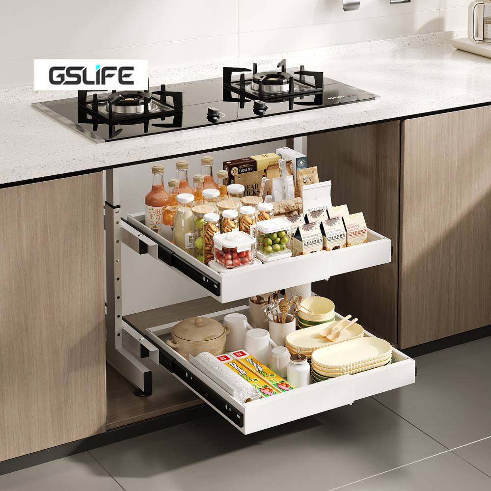 Gslife 🔥 Recommended 🔥   Pull-Out Shelf Pull-Out Basket, 1-2 Levels, Adjustable Height, Kitchen Cabinet Drawer Frame Large Capacity + Space-Saving Shelf