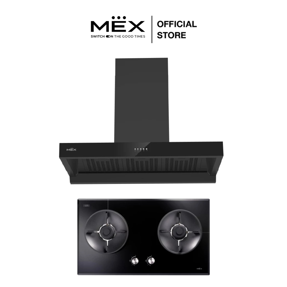 Mex Set Model V7812Mhr + K632Bfb90 Gas Stove with 2 Brass Burners and Tent-Shaped Range Hood, Black (Installed in Furniture) ราคา 16,900 บาท*ส่งฟรี