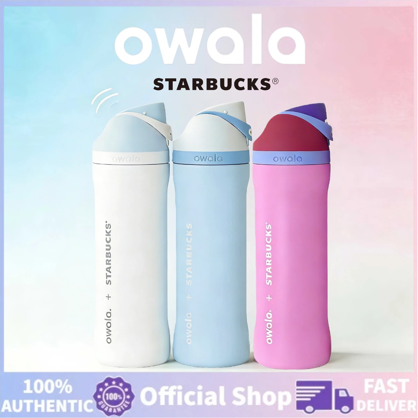 【100% Genuine】Owala X Starbucks Freesip Water Bottle 24oz 32oz, Spill-Proof, Has a Built-In Straw, Keeps Cold for 12 Hours. Stainless Steel 304, Bpa Free, for Sports and Travel.