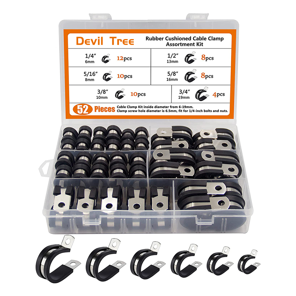 52pcs Cable Clamps Assortment Kit, 304 Stainless Steel Rubber