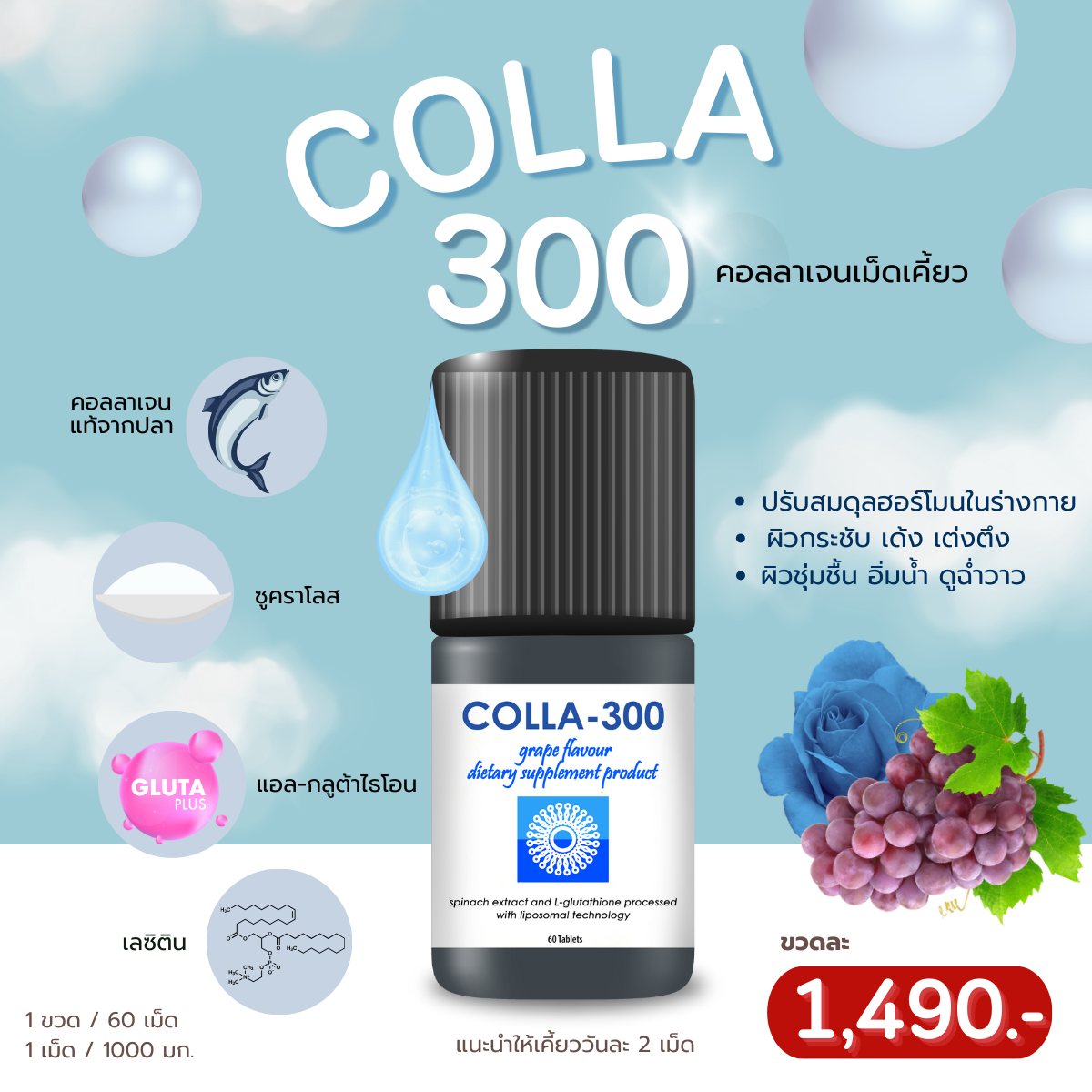 ✨ปล่อยอายุเป็นเพียงตัวเลข แต่อย่าปล่อยให้ผิวแก่กว่าวัย COLLA300 Grape คอลลาเจนเม็ดเคี้ยว ราคา 612 บาท*ส่งฟรี