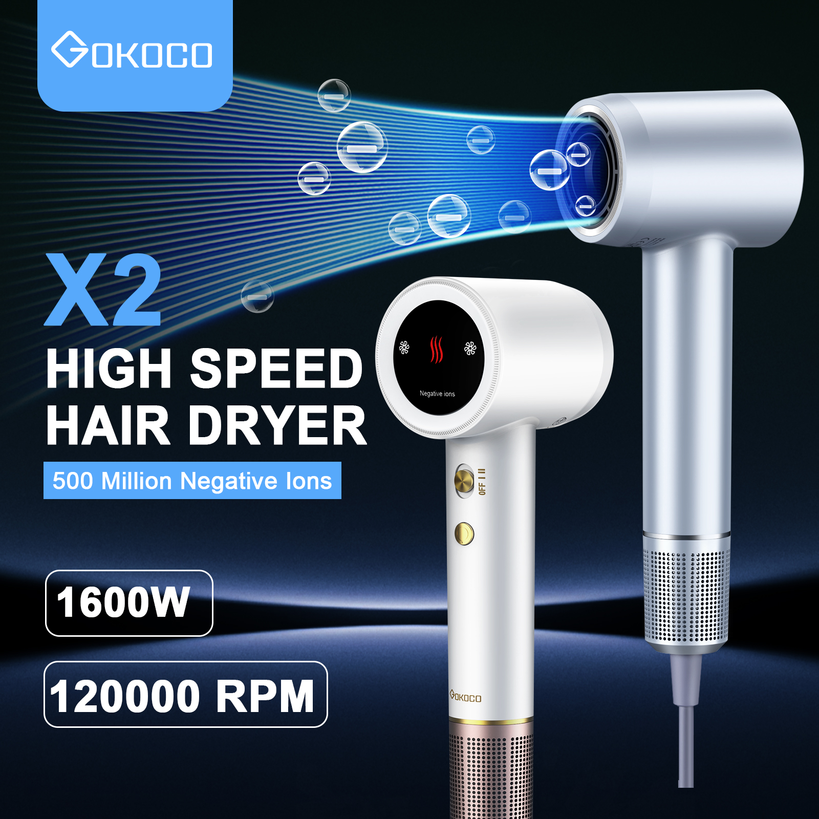 GOKOCO X2 High-speed Hair Dryer เครื่องเป่าผมความเร็วสูง 120000RPM ไอออนลบ NFC การควบคุมอุณหภูมิอัจฉริยะเครื่องเป่าผมเบส 1600 วัตต์ 2 นาทีเครื่องเป่าผมน้ําหนักเบาแห้งเร็ว ราคา 1,999 บาท*ส่งฟรี