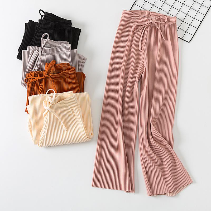 Korean Style High Waist Chiffon Palazzo Pants Boho Loose Pleated Wide Leg Pants Long Trousers
