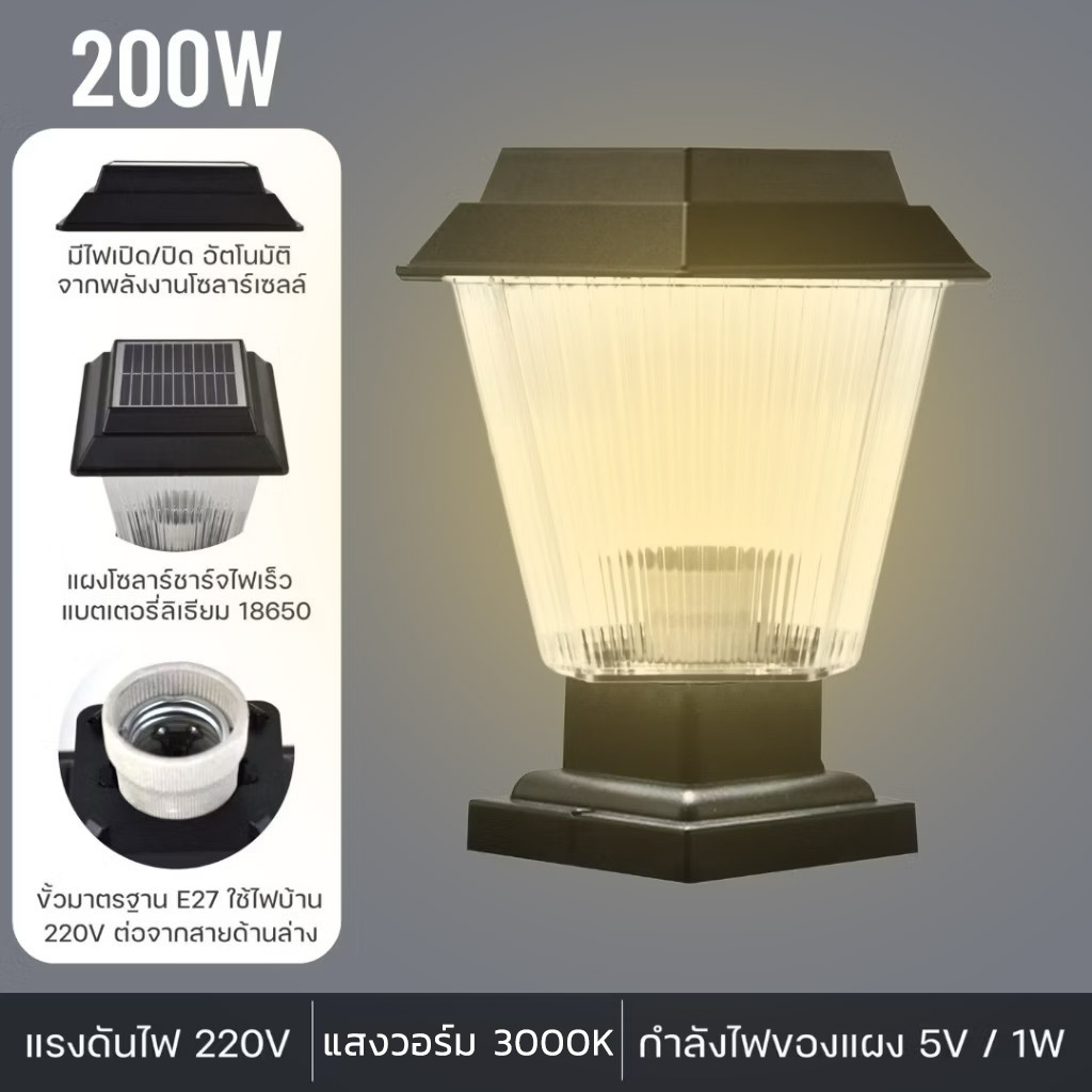 NEOBEE แตกเคลม100% โคมไฟหัวเสาโซล่าเซลล์ LED 2in1 E27ไฟบ้านได้ กันน้ำ JD-ZT 200W นีโอบี
