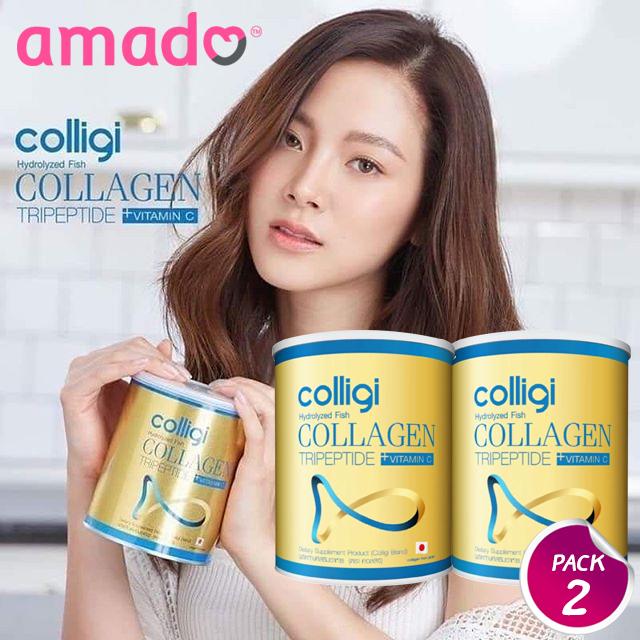 Amado Colligi Collagen TriPeptide + Vit C คอลลิจิ คอลลาเจน (110.66 g. x 2 กระป๋อง) ขาว กระจ่างใส มีออร่า สุขภาพผิวดีอย่างเป็นธรรมชาติ